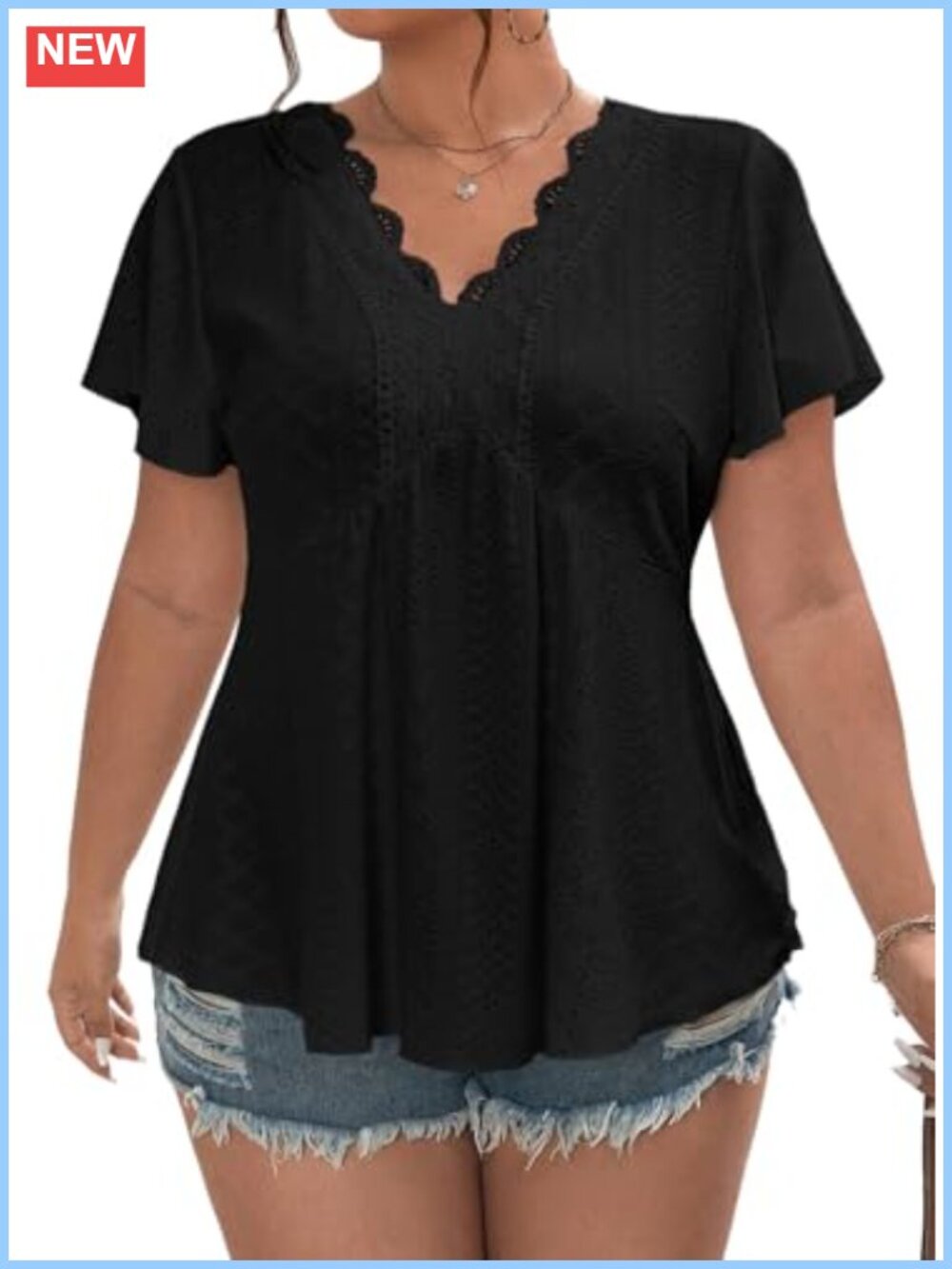 Plus Size Lace Crochet V Neck Short Sleeve Eyelet Blouse Peplum Top